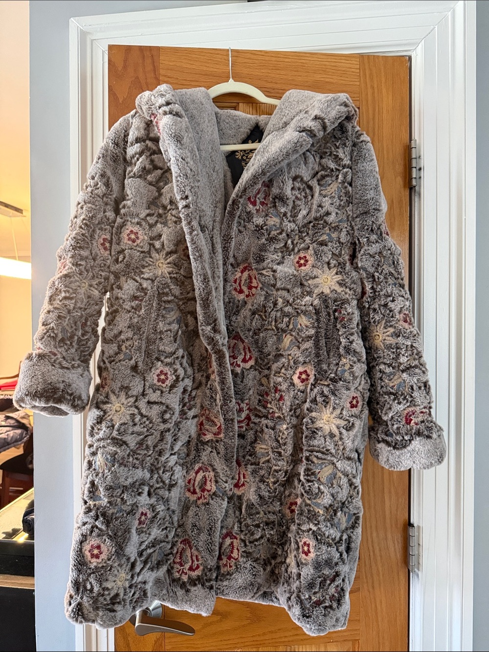Johnny Was Gray Floral Embroidered Teddy Coat
